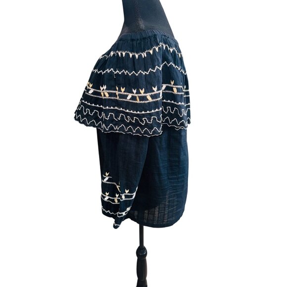 Reba Off-Shoulder Peasant Top Embroidery Black Boho Cottage Size L 100% Cotton - Picture 7 of 8
